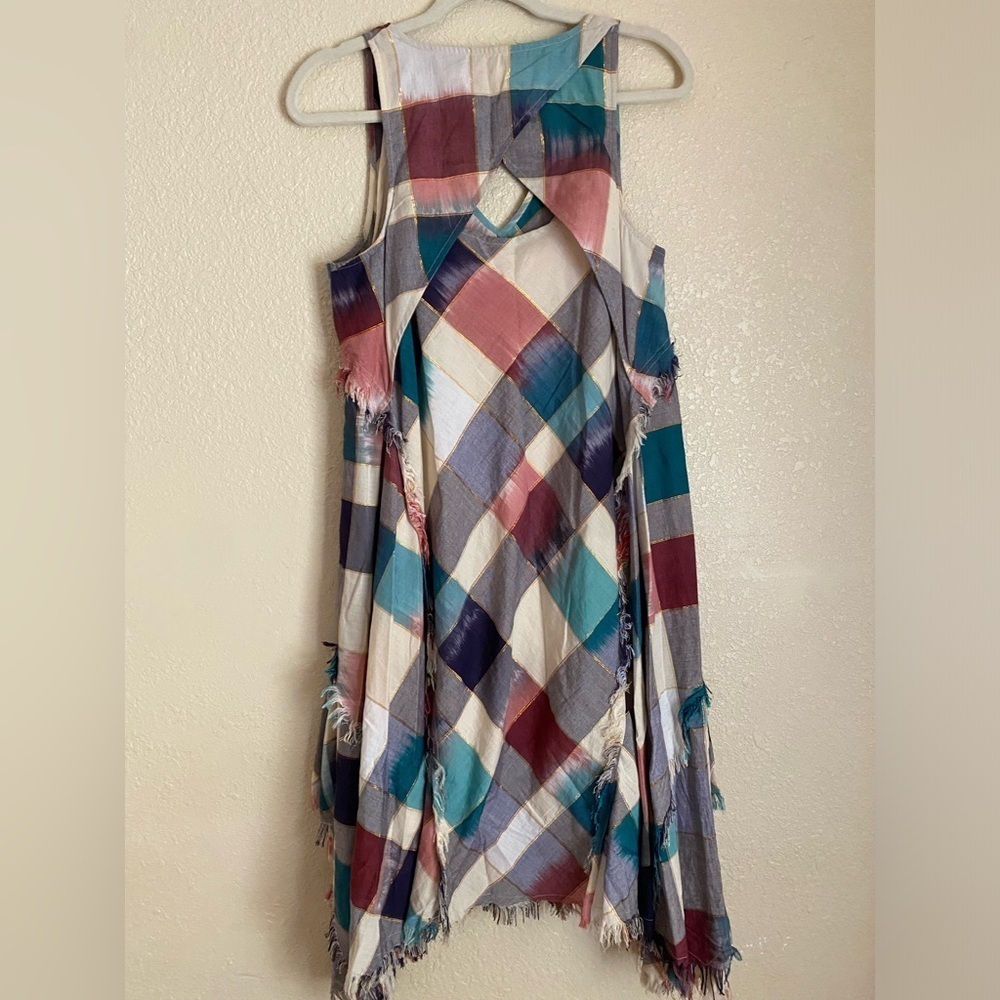 Anthropologie Maeve Metallic Patchwork Plaid Sleeveless Boho Lagenlook Dress - Picture 8 of 11